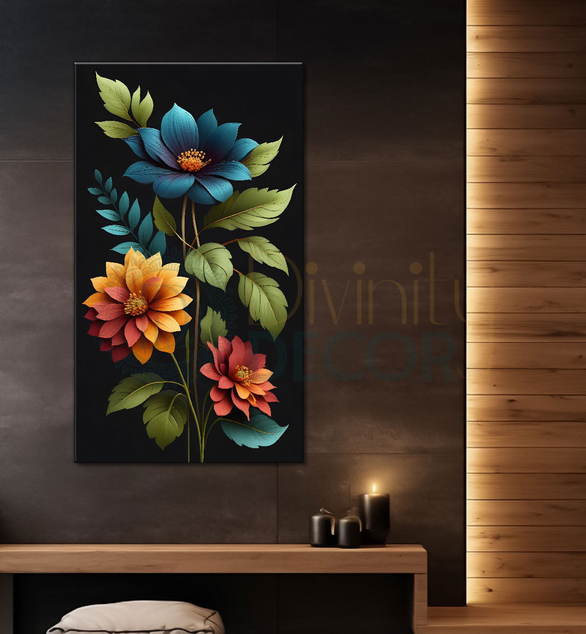 Colourful flowers in dark textured painting- Flower-V-349