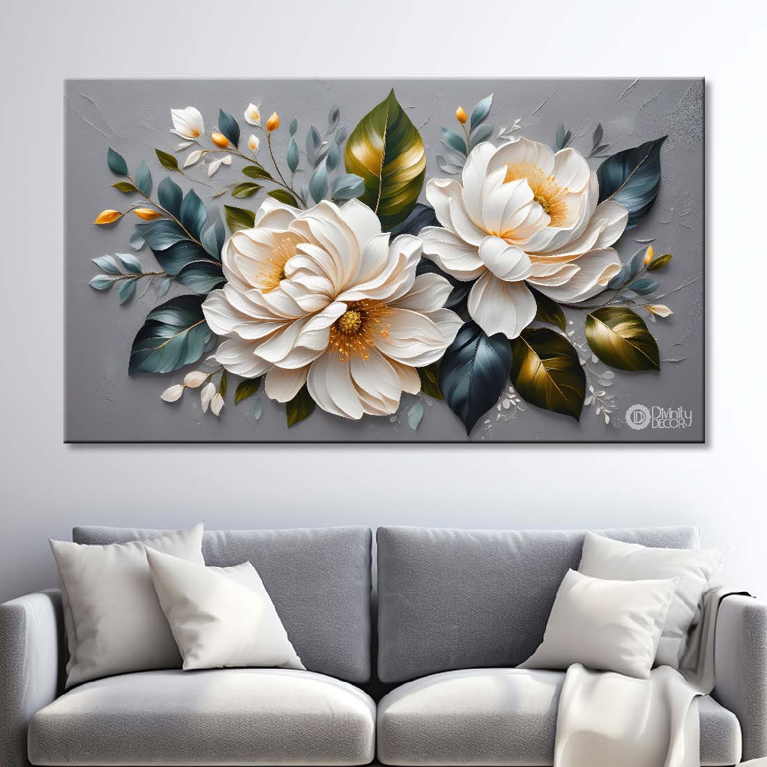 White flowers in grey background canvas painting- Flower-350