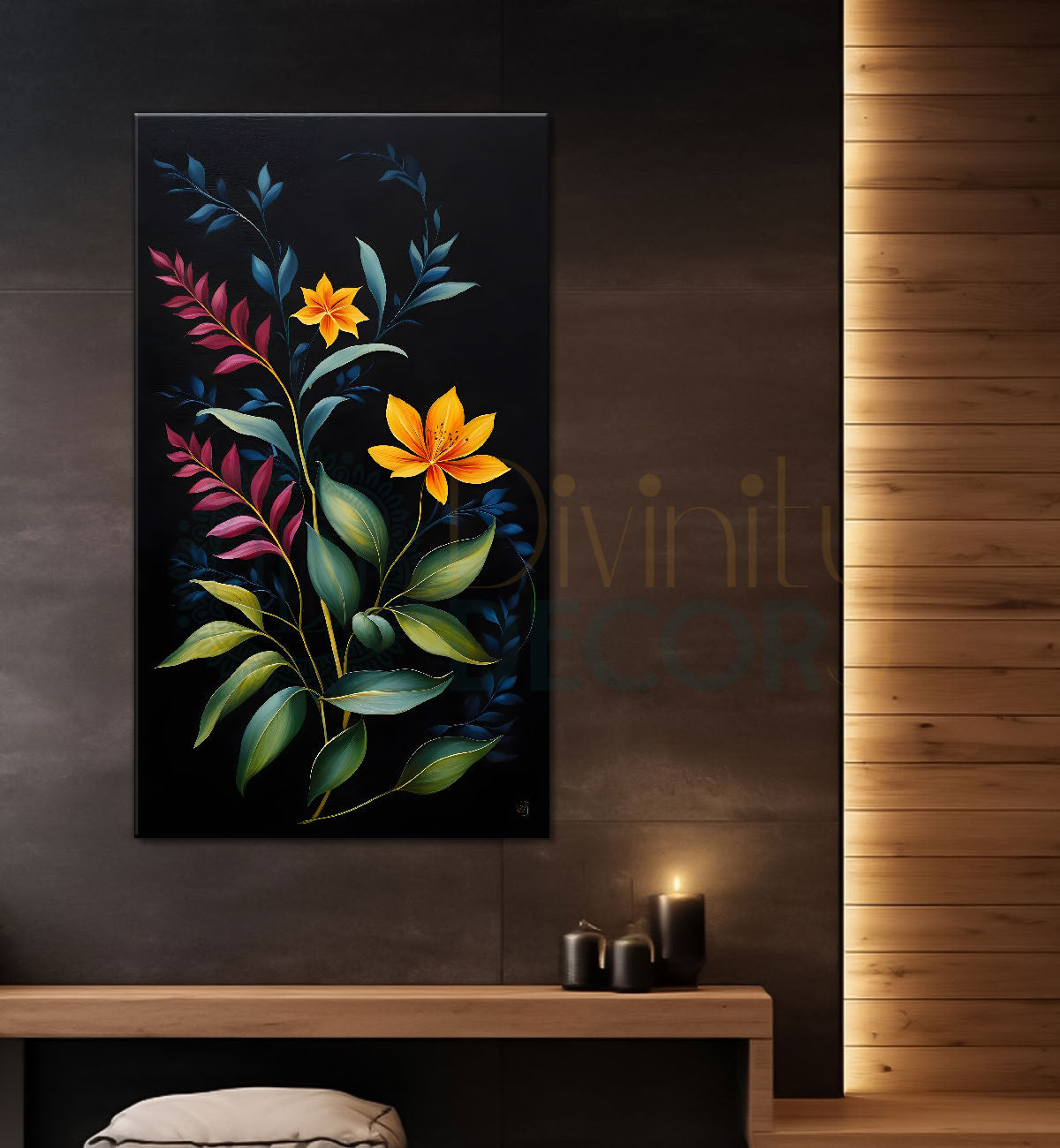 Orange flowers in dark flowers painting- Flower-V-350