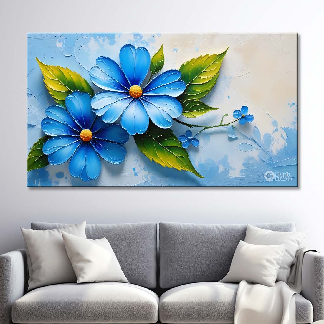 Blue flowers in blue background canvas painting- Flower-351
