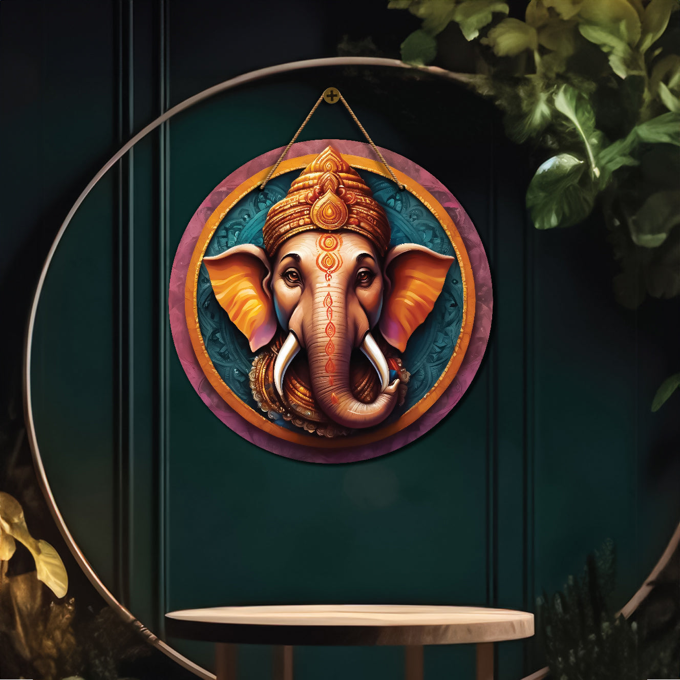 Ganesh Ji in blue and orange mandala Round Wooden Wall Hanging for wall Décor - Design - 351