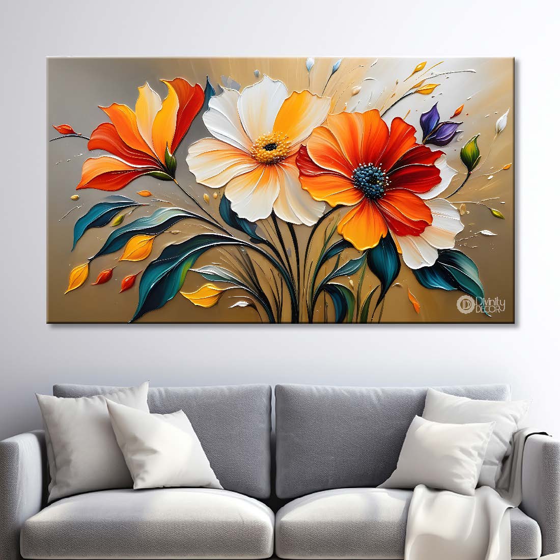 Orange and white flowers in light background canvas painting- Flower-352