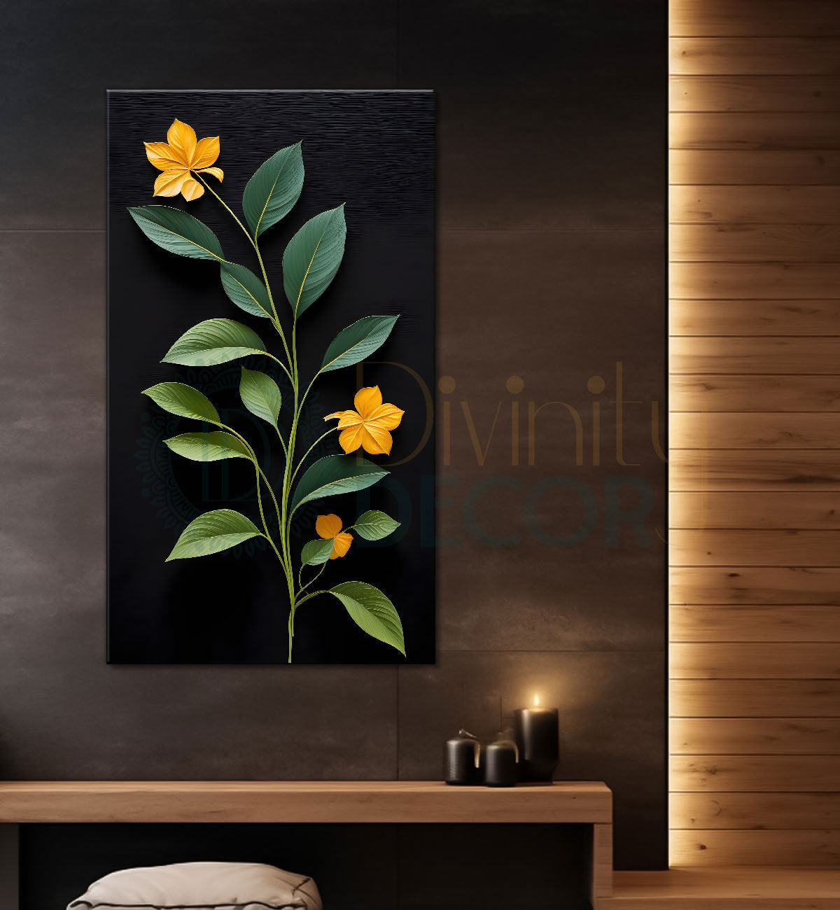 Yellow flowers in dark textured painting- Flower-V-352