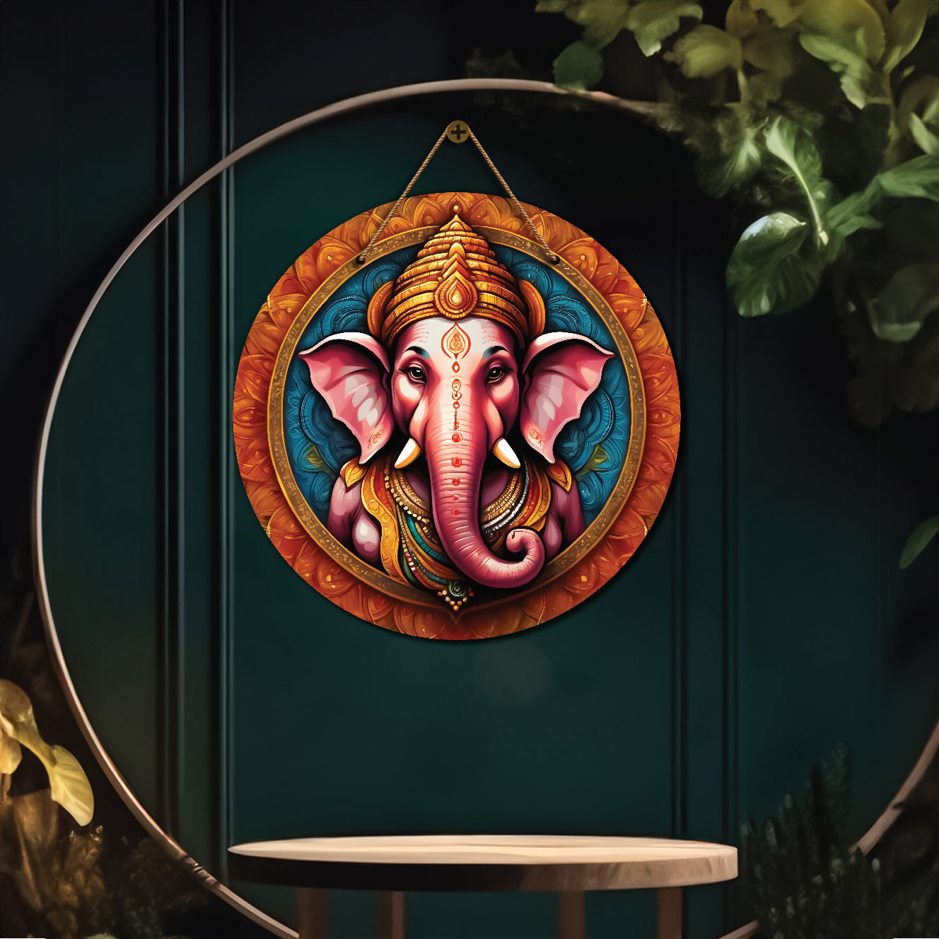 Ganesh Ji in blue and orange mandala Round Wooden Wall Hanging for wall Décor - Design - 352