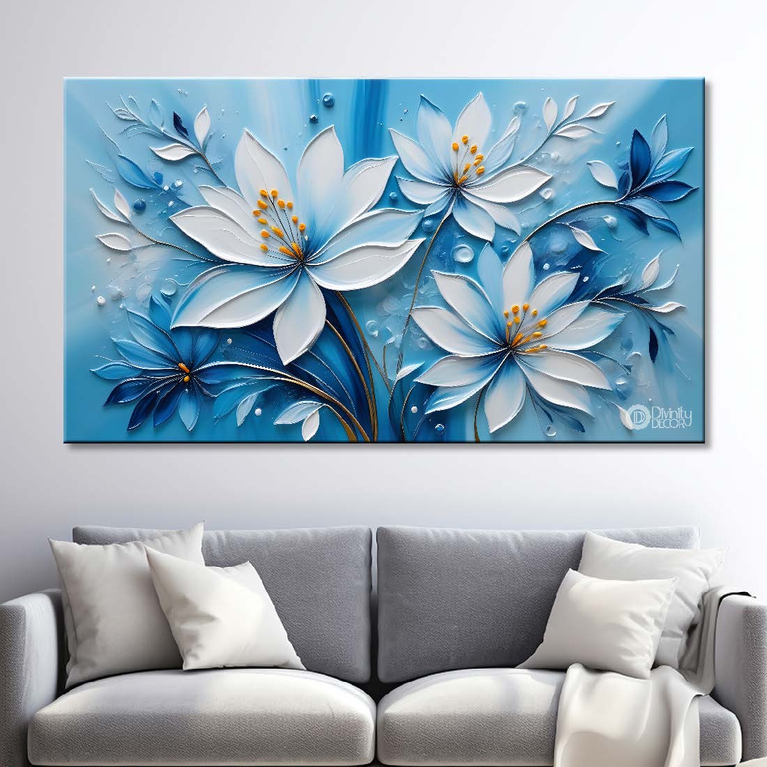 White flowers in blue background canvas painting- Flower-353