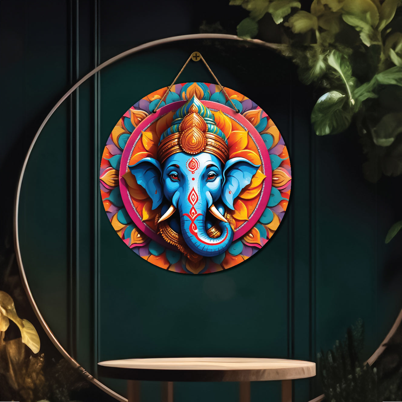 Ganesh Ji in blue and yellow floral mandala Round Wooden Wall Hanging for wall Décor - Design - 353