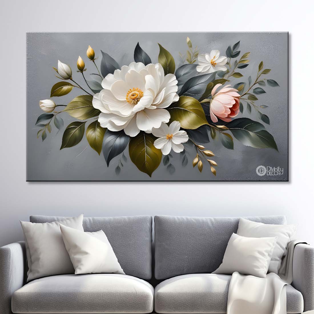 White flowers in grey background canvas painting- Flower-354