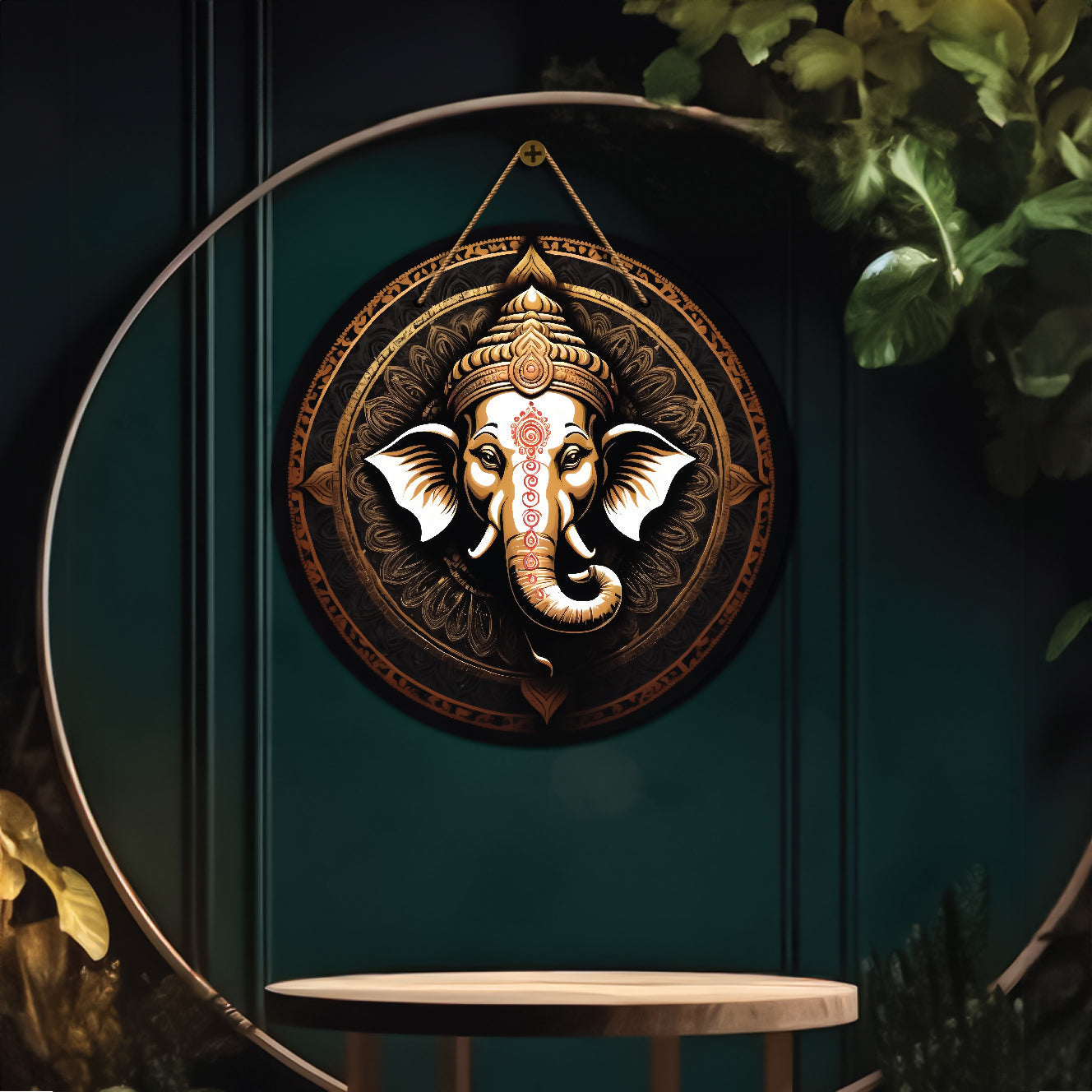 Ganesh Ji in black and white mandala Round Wooden Wall Hanging for wall Décor - Design - 354