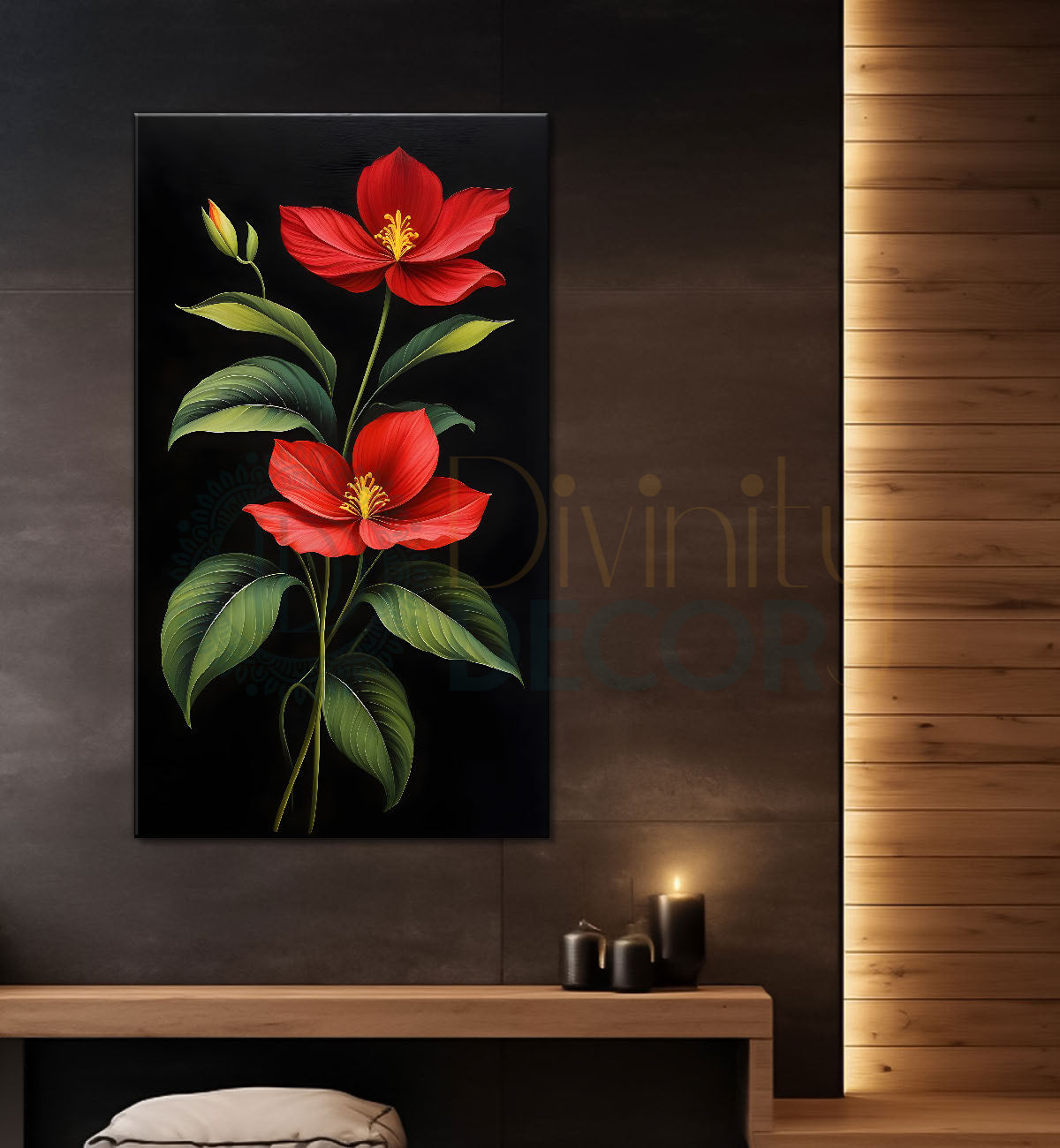 Red flowers in dark textured background painting- Flower-V-354