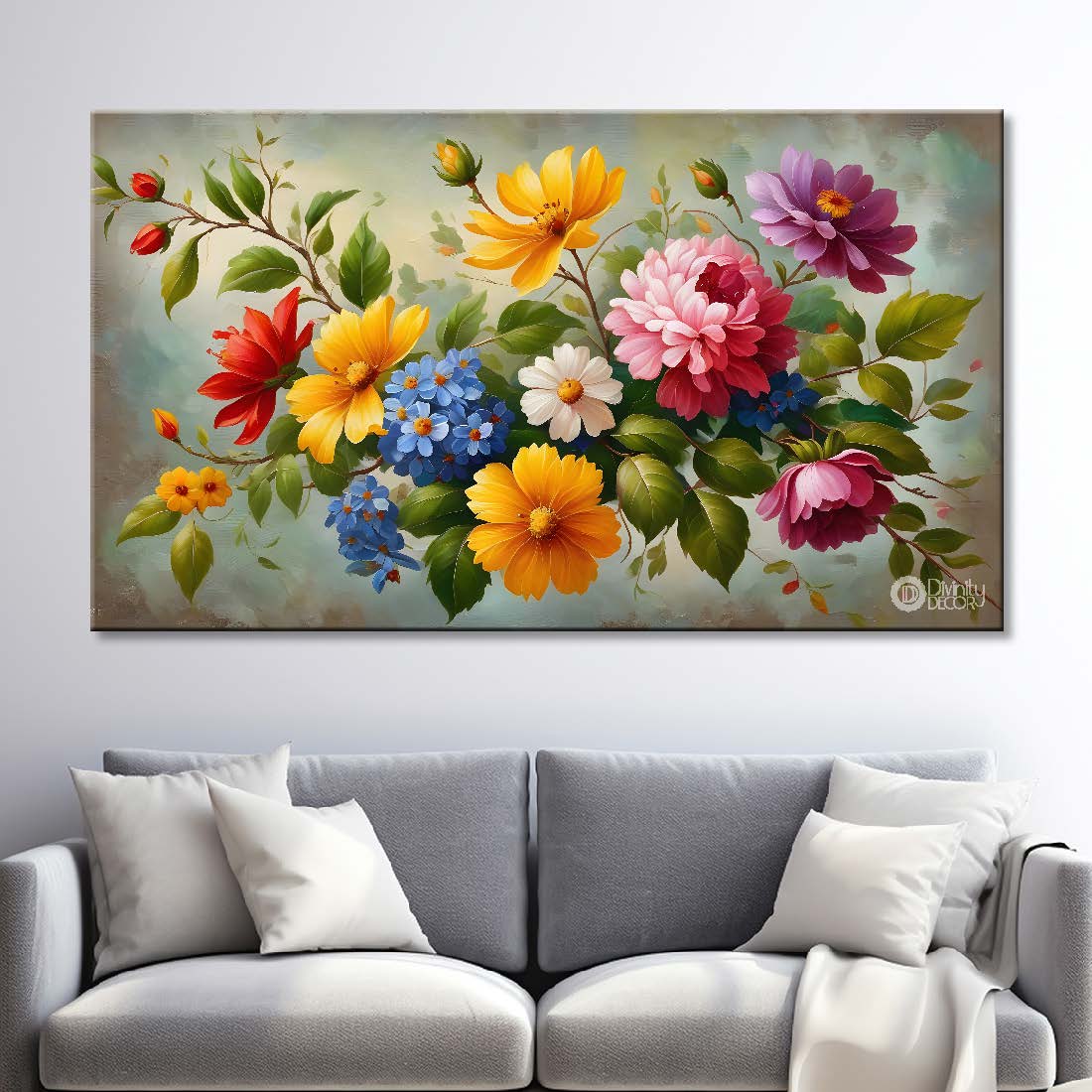 Colorful flowers in light background canvas painting- Flower-355