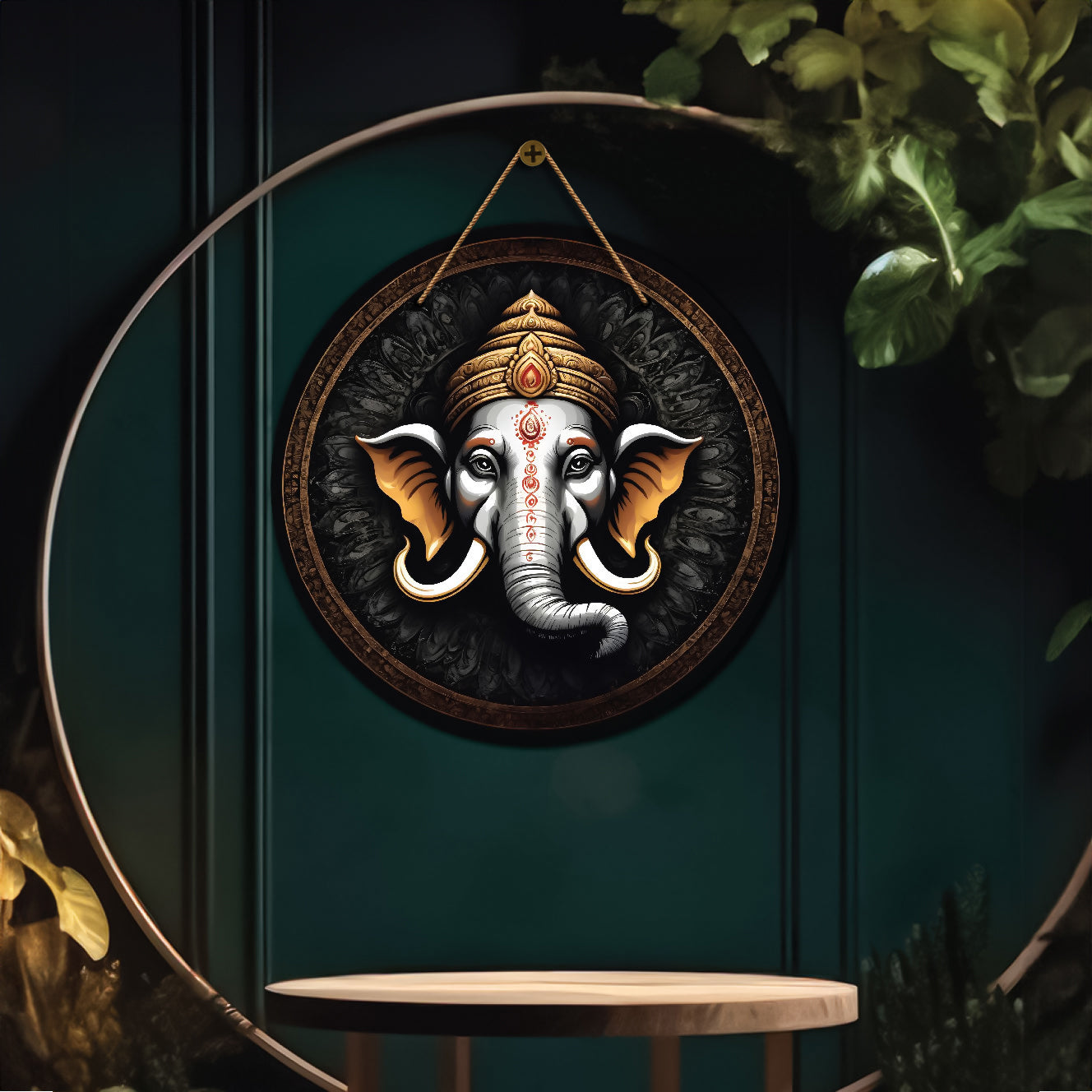 Ganesh Ji in black and grey mandala Round Wooden Wall Hanging for wall Décor - Design - 355