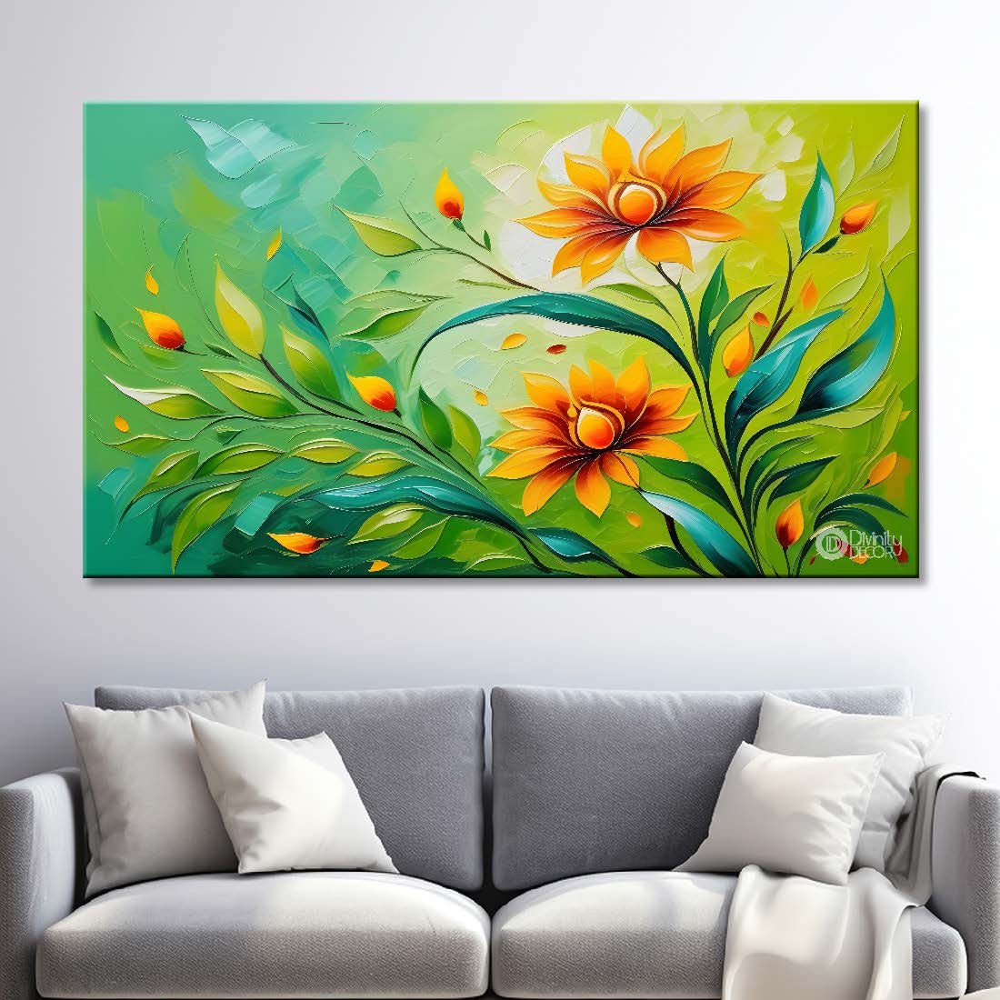 Yellow flowers in green background canvas painting- Flower-356