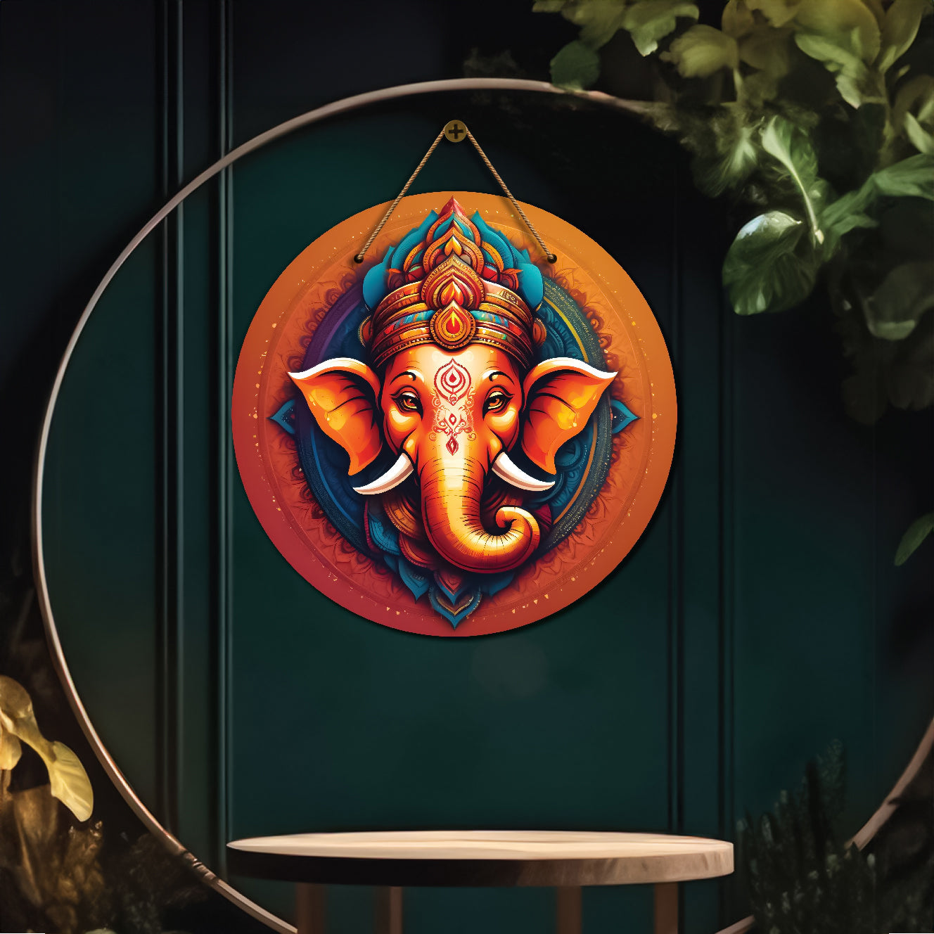 Ganesh Ji in blue and orange mandala Round Wooden Wall Hanging for wall Décor - Design - 356