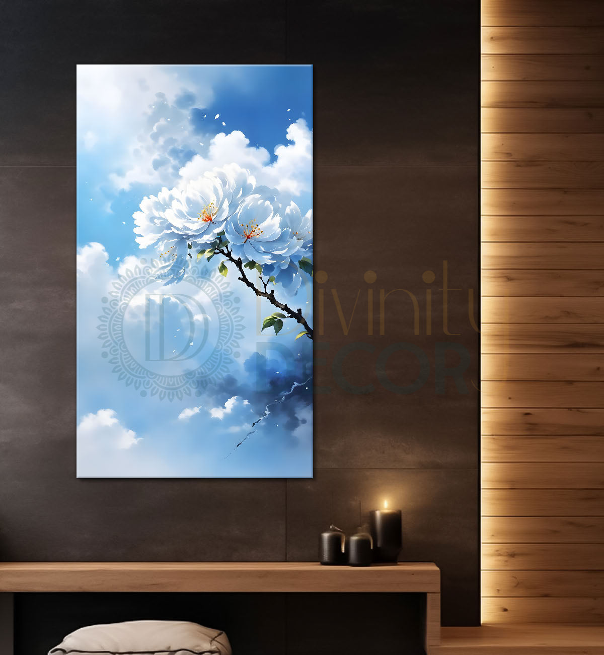White flowers in cloudy textured background painting- Flower-V-356