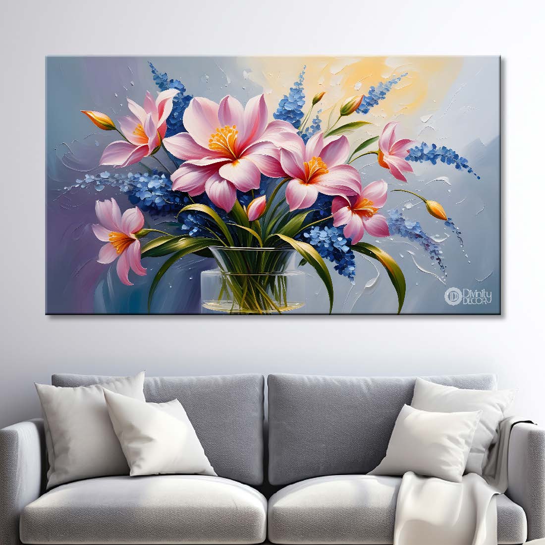 Pink flowers in grey background canvas painting- Flower-357