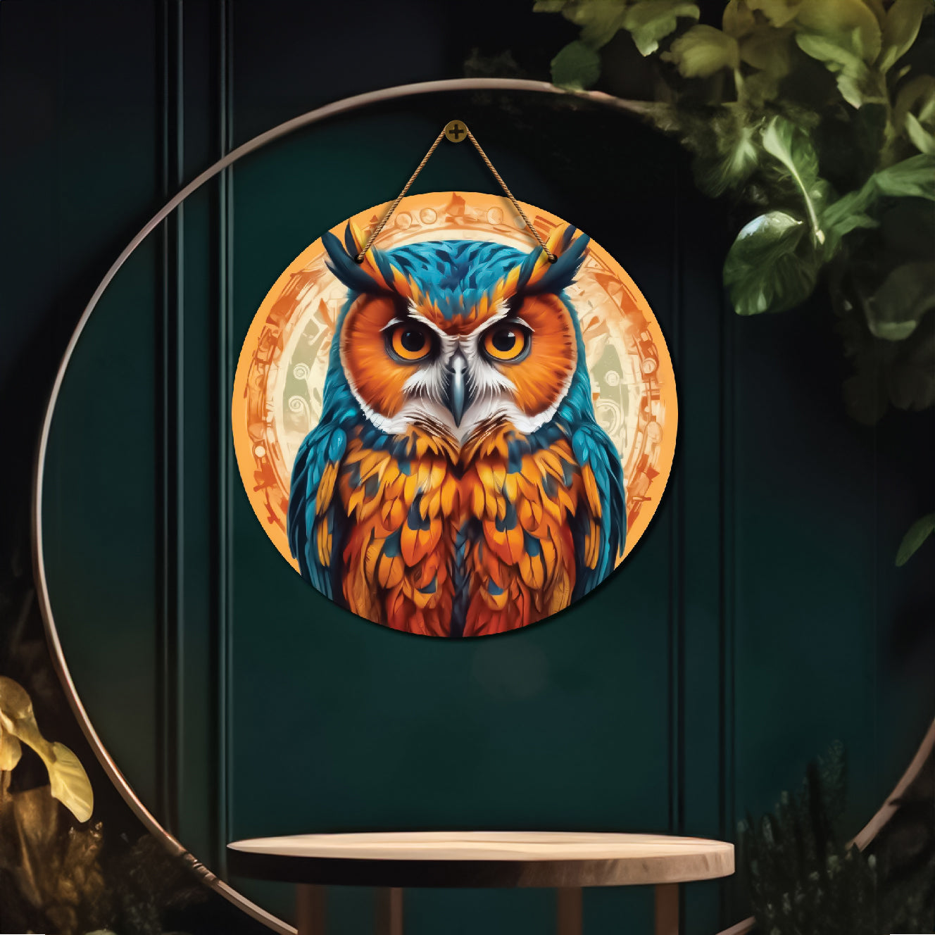Owl in blue and yellow mandala Round Wooden Wall Hanging for wall Décor - Design - 357