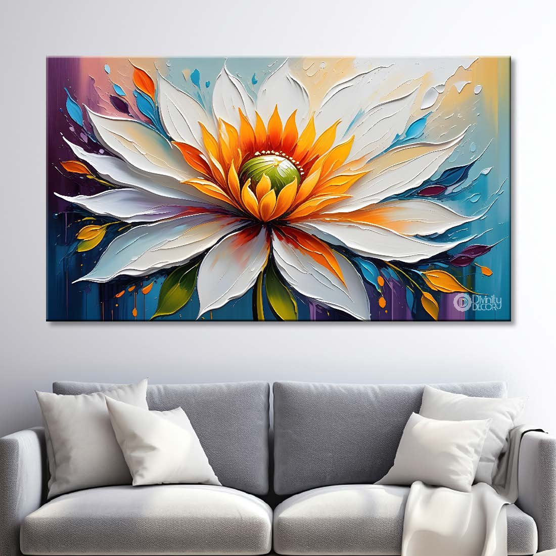 White flower in blue background canvas painting- Flower-358