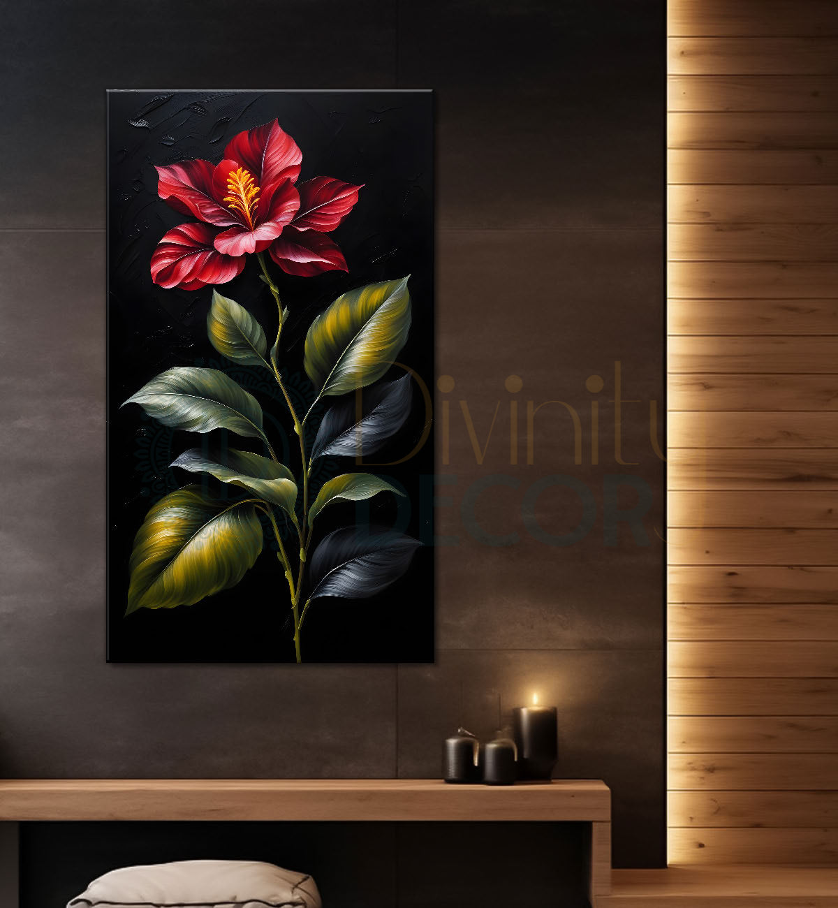 Red flowers in dark textured painting- Flower-V-358