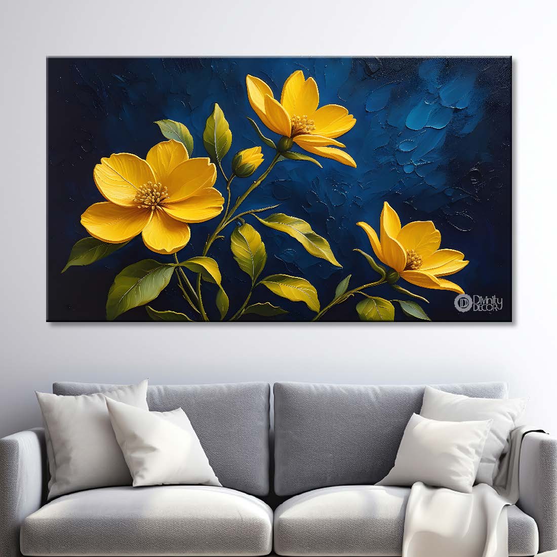 Yellow flowers in navy blue background canvas painting- Flower-359