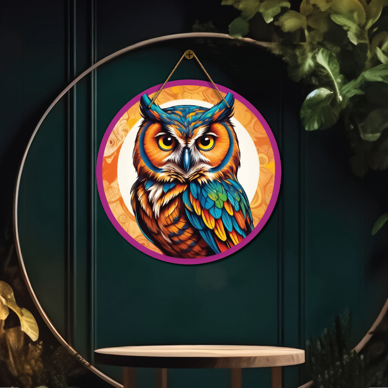 Owl in blue and yellow mandala Round Wooden Wall Hanging for wall Décor - Design - 359