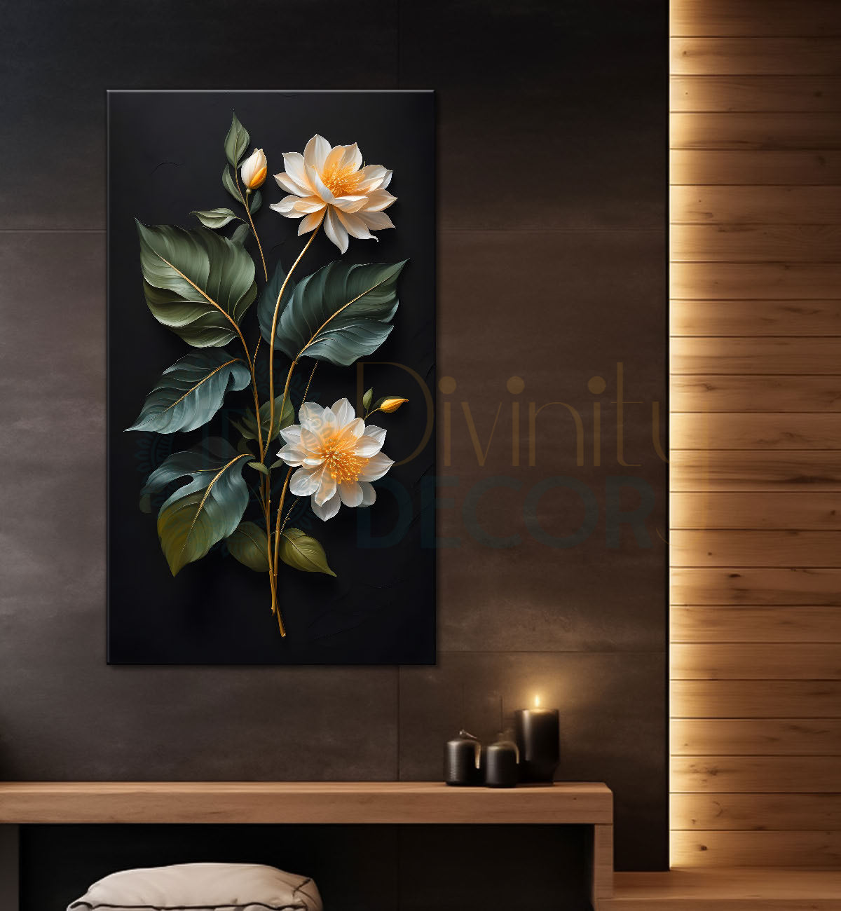 White flowers in dark textured background painting- Flower-V-359