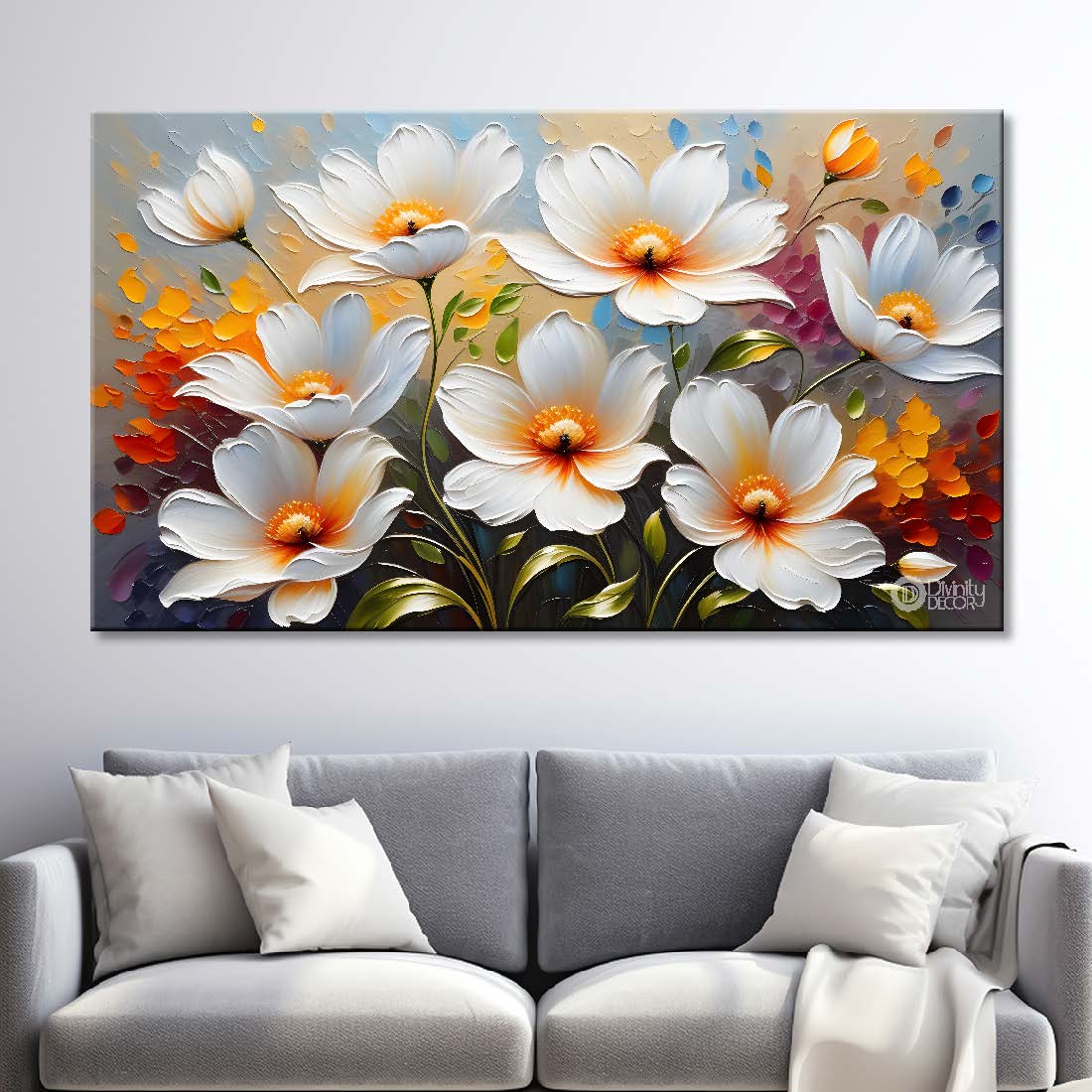 White flowers in light background canvas painting- Flower-360