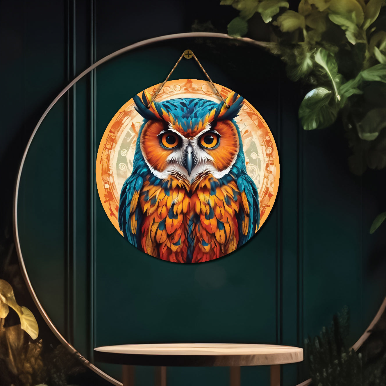 Owl in blue and yellow mandala Round Wooden Wall Hanging for wall Décor - Design - 360