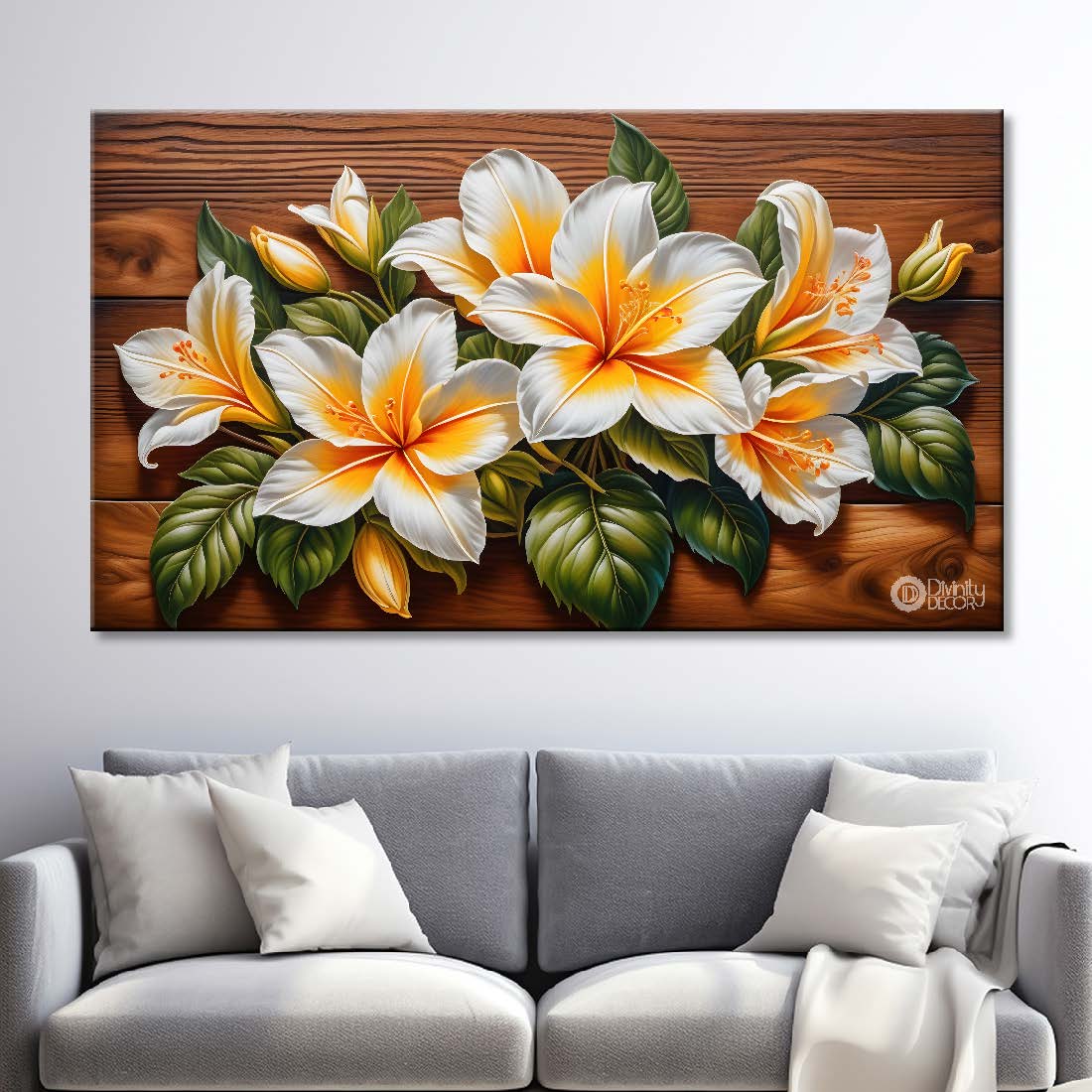 White flowers in brown background canvas painting- Flower-361