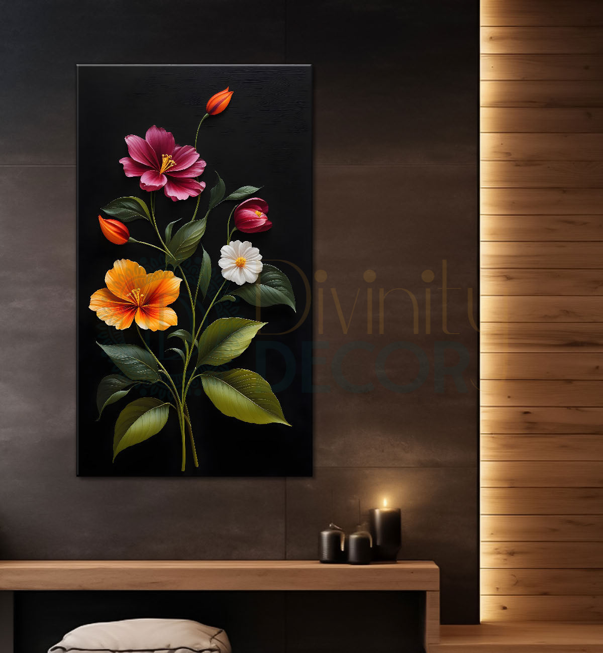 Colourful flowers in dark textured painting- Flower-V-362