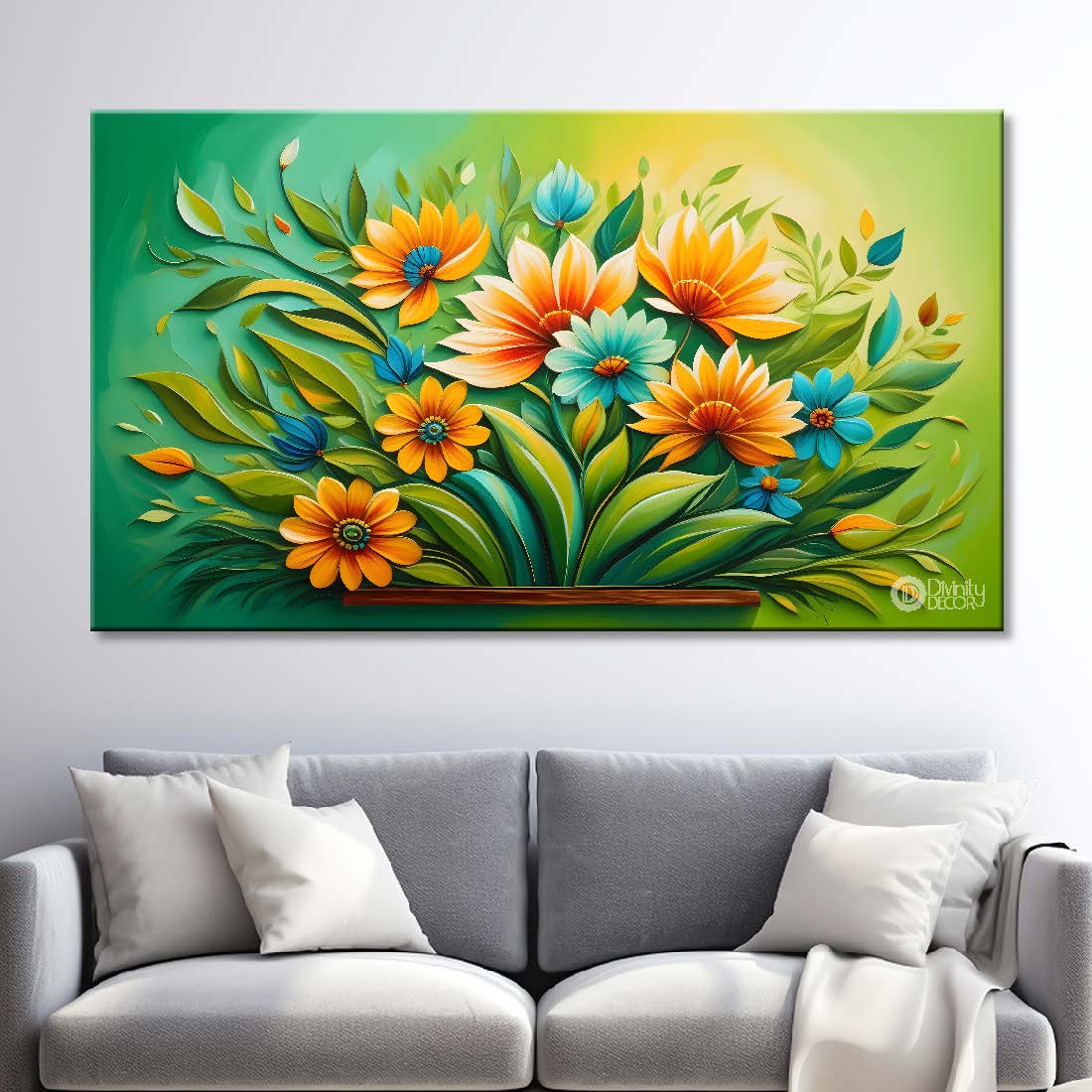 Yellow flowers in green background canvas painting- Flower-363