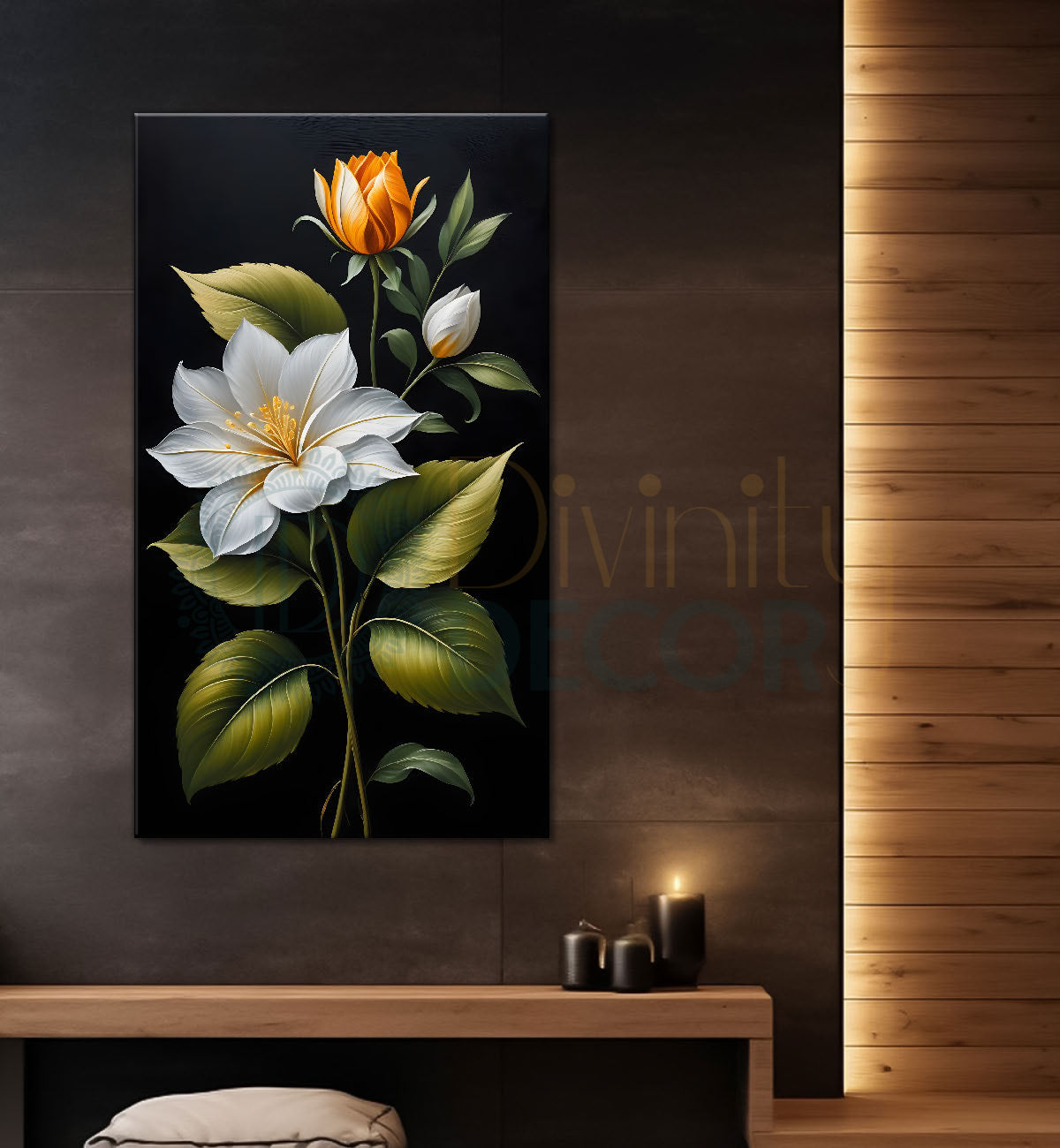 White flowers in dark textured background painting- Flower-V-363