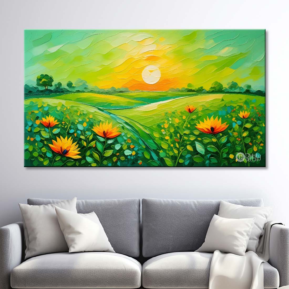 Yellow flowers  with sunrise and green background canvas painting- Flower-364