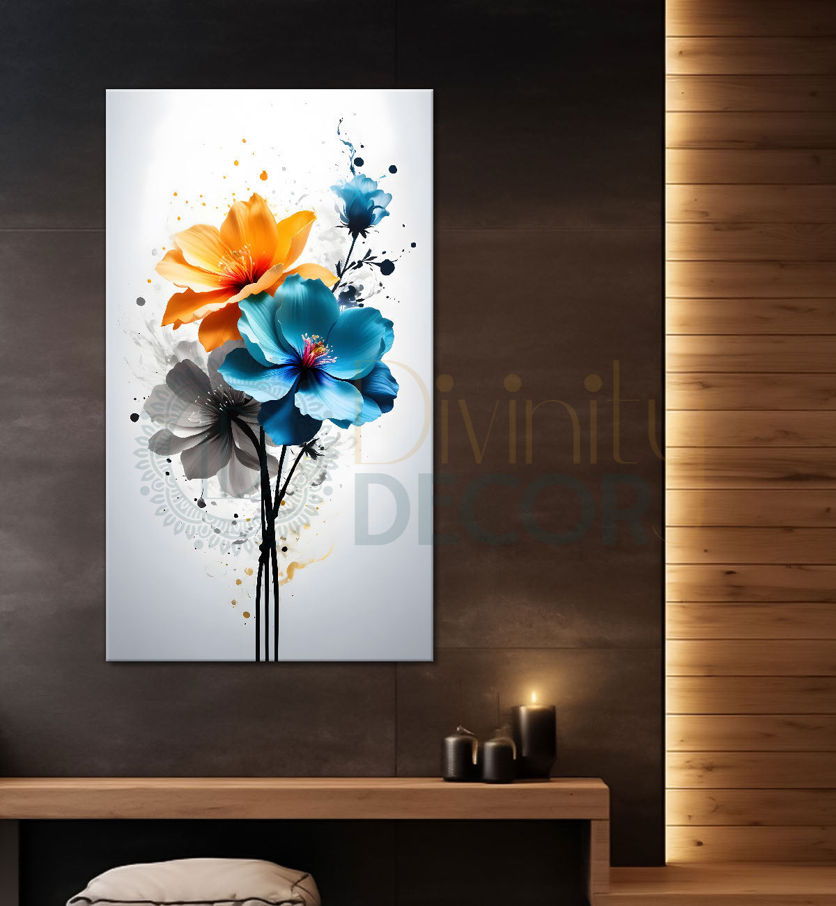 Orange and blue in dark textured background painting- Flower-V-364