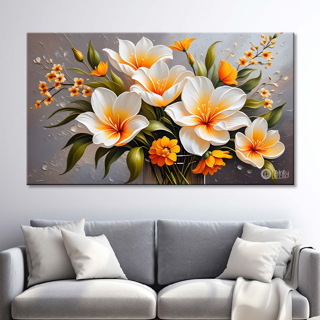 White flowers in grey background canvas painting- Flower-365