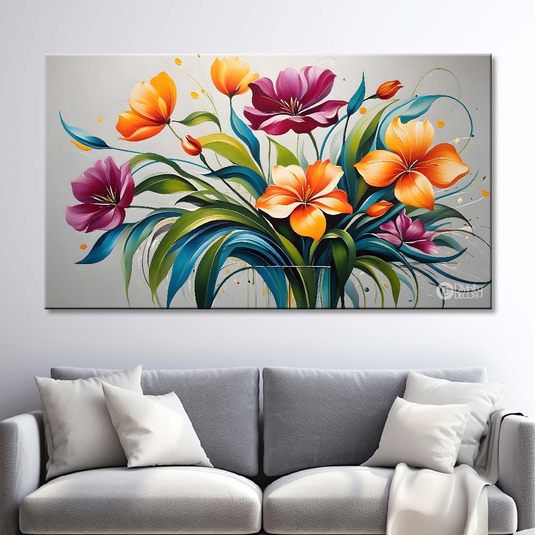 Colorful flowers in grey background canvas painting- Flower-366