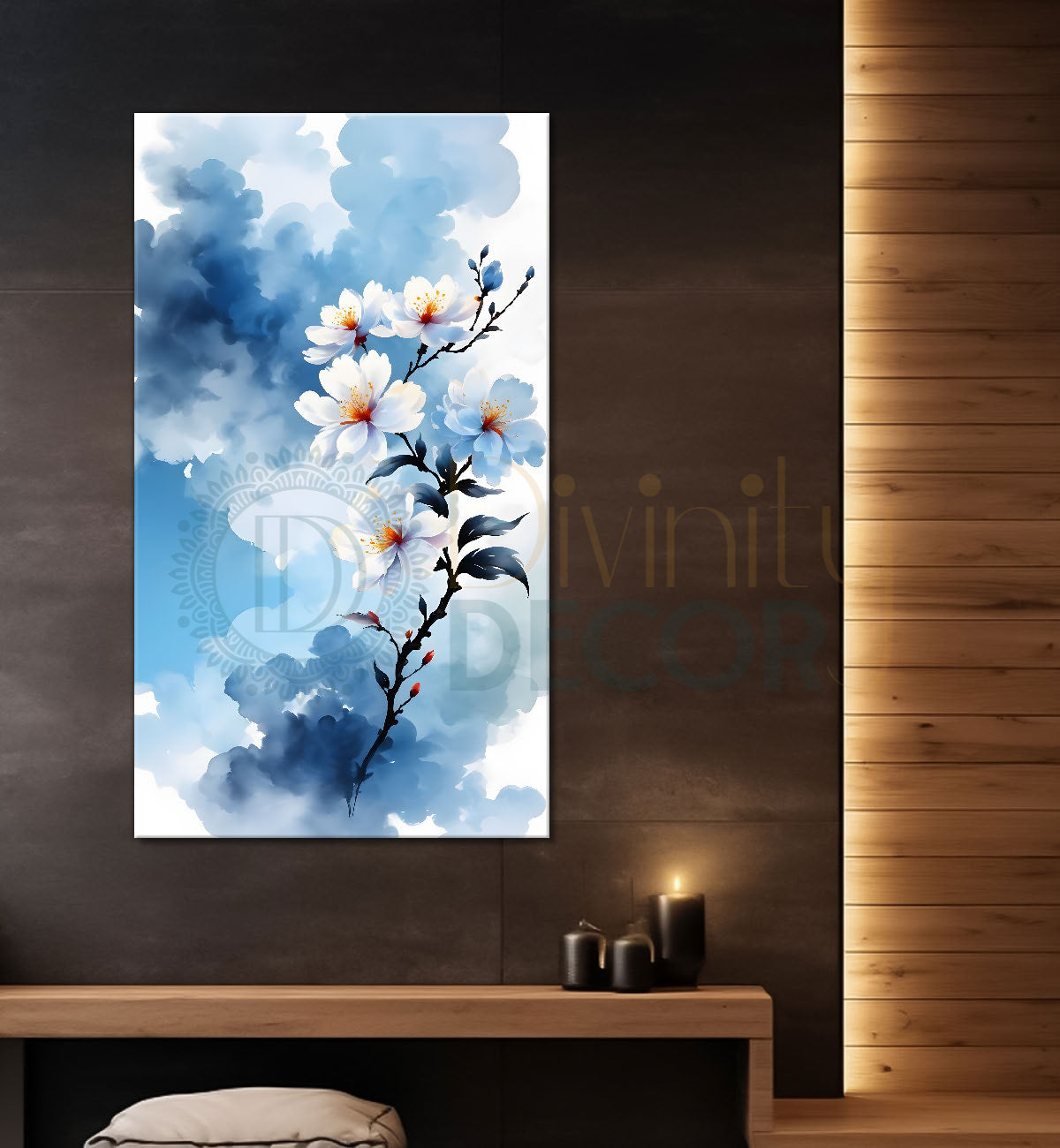 White flowers in cloudy textured background painting- Flower-V-366