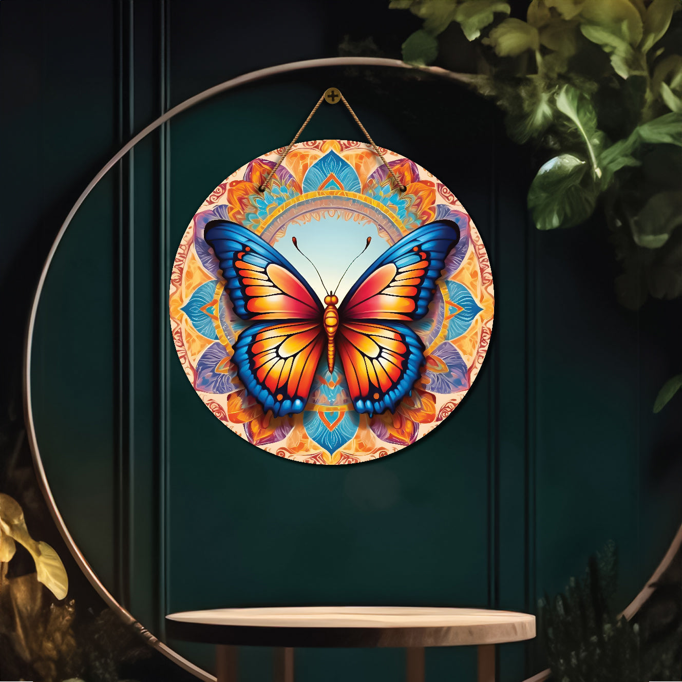 Butterfly in blue and floral mandala Round Wooden Wall Hanging for wall Décor - Design - 366