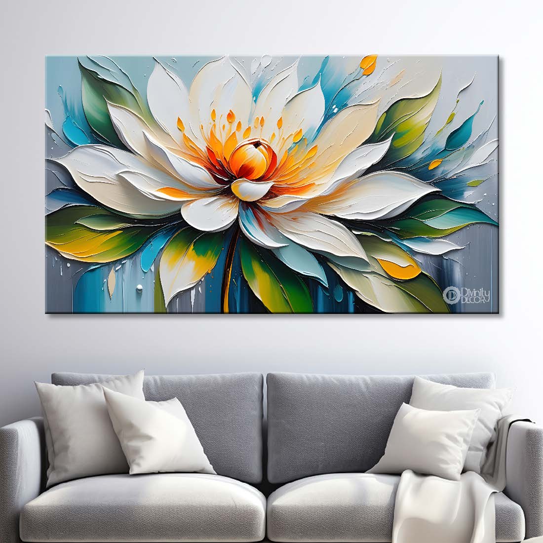 White flowers in blue background canvas painting- Flower-367