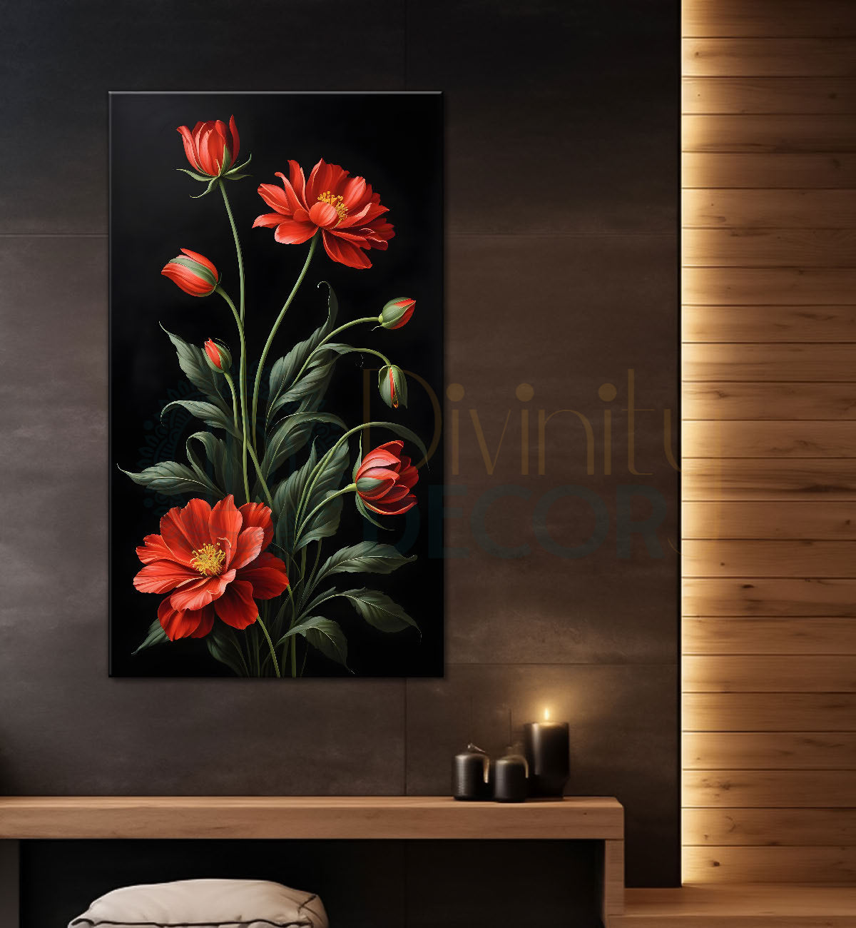 Red flowers in dark textured background painting- Flower-V-367