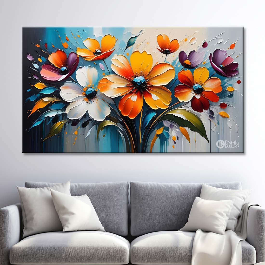 White and orange flowers in blue background canvas painting- Flower-368