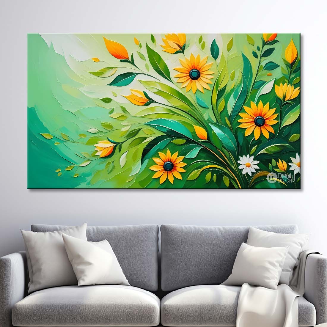 Yellow flowers with green background canvas painting- Flower-369