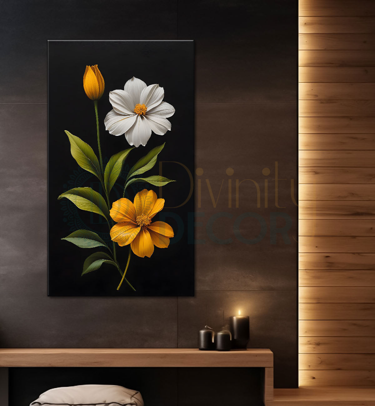 Orange and white in dark textured background painting- Flower-V-369