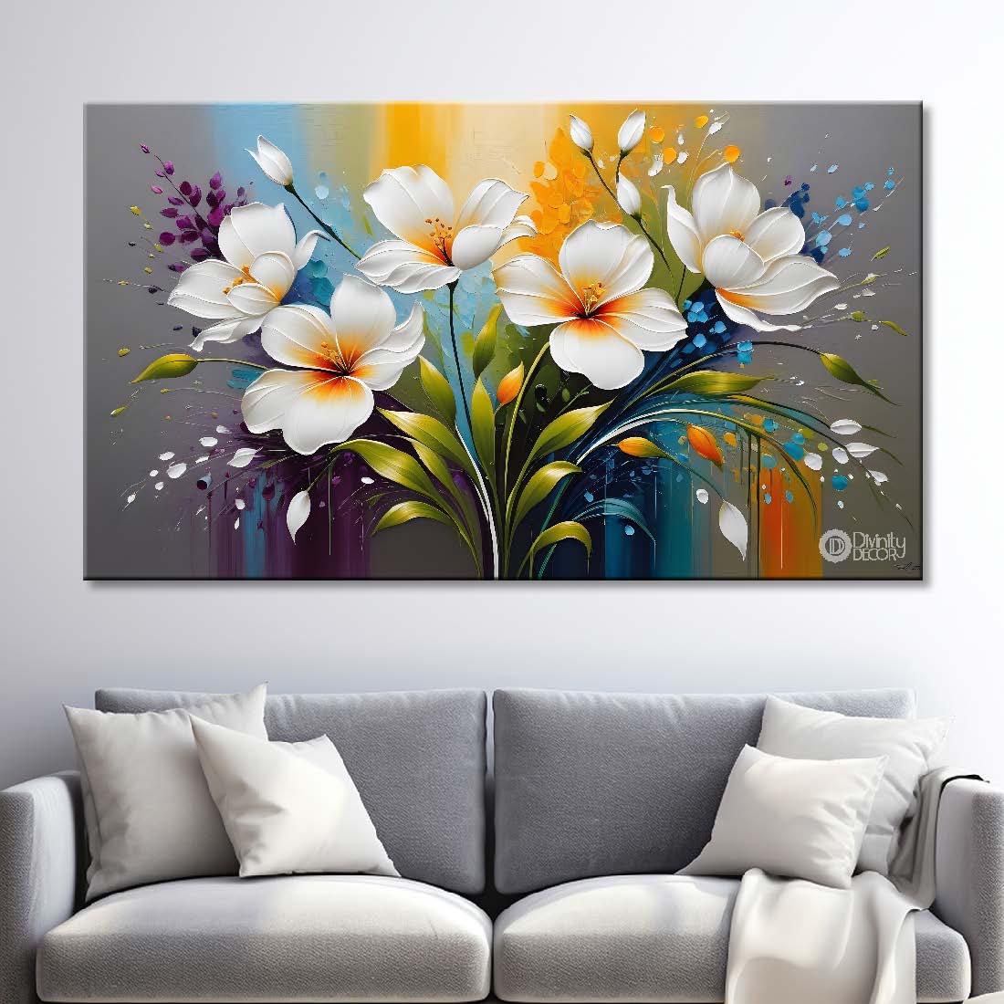 White flowers with colorful background canvas painting- Flower-370