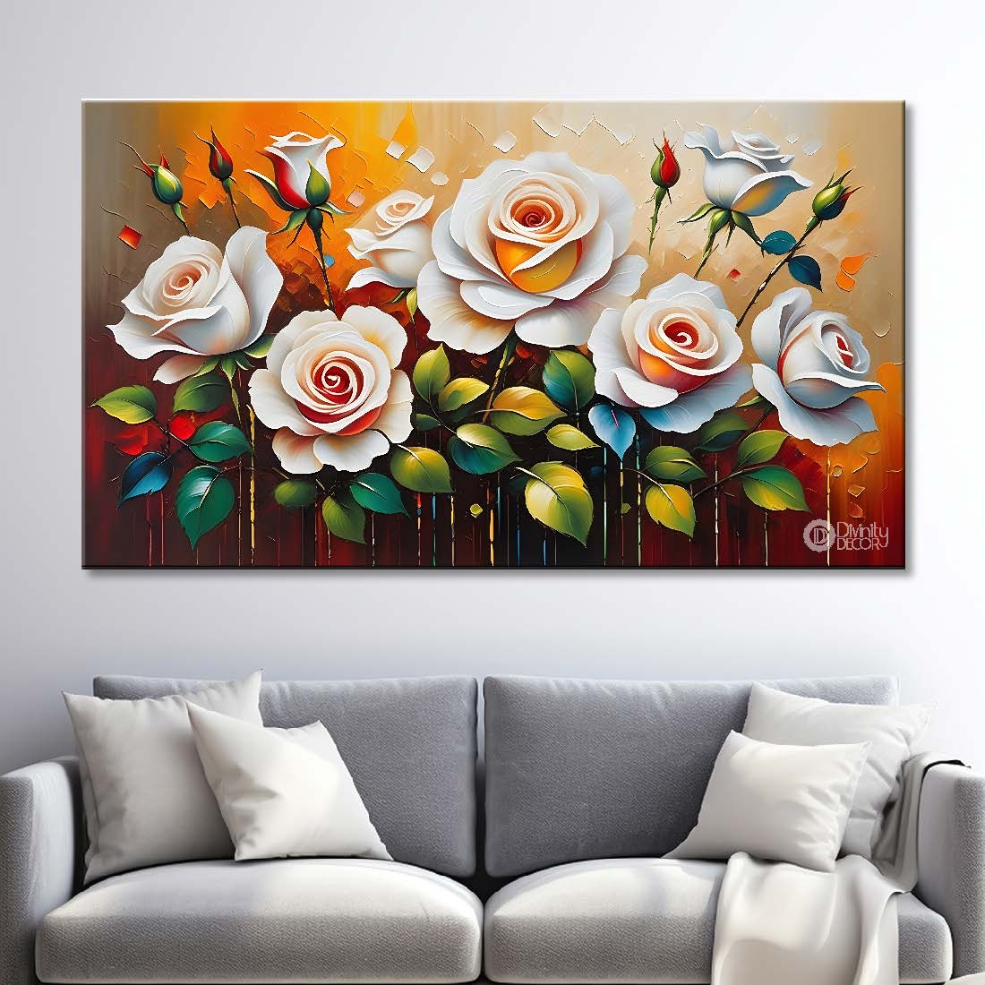 White flowers in orange background canvas painting- Flower-371