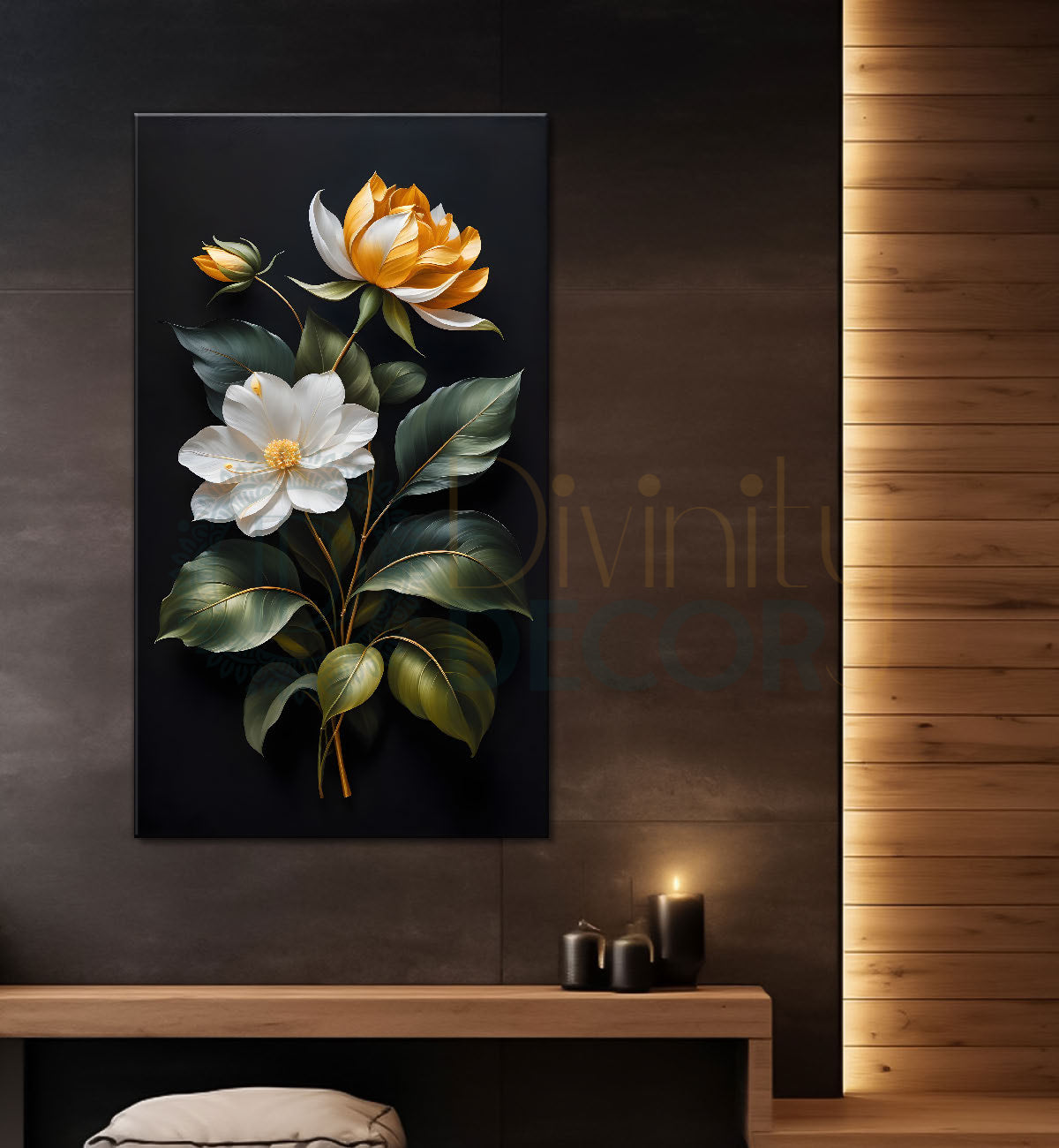 Yellow and white in dark textured background painting- Flower-V-371