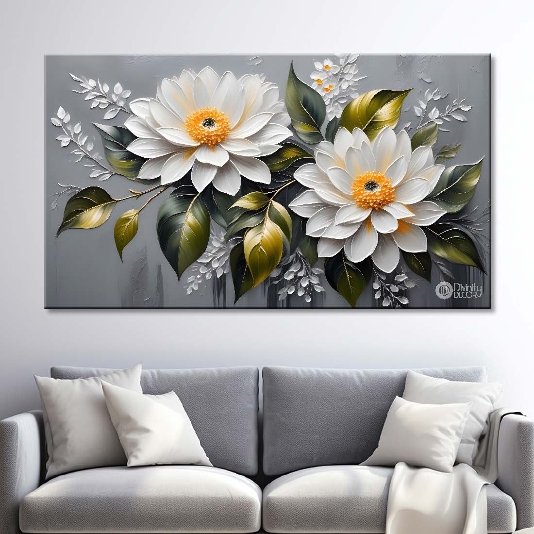 White flowers in grey background canvas painting- Flower-372