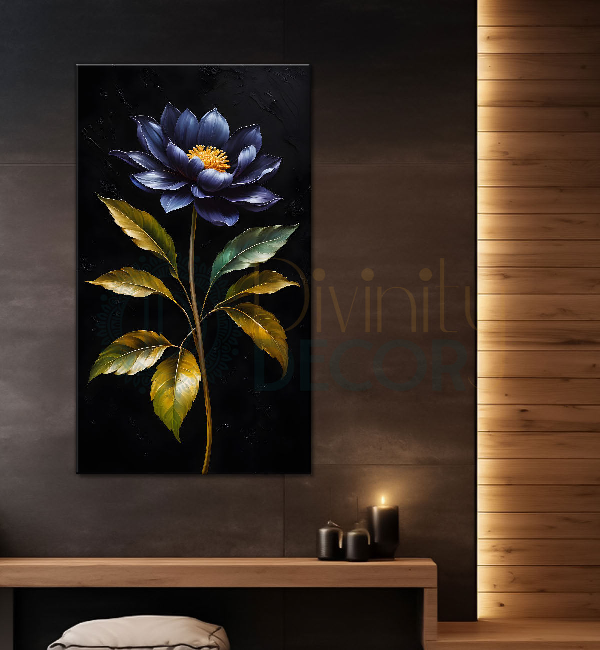 Navy blue flowers in dark textured background painting- Flower-V-372