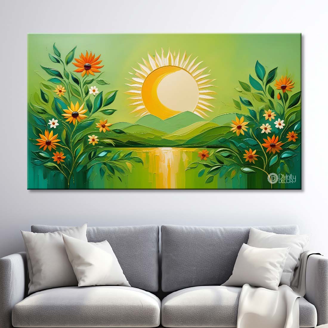 Yellow flowers with sunset and green background canvas painting- Flower-373
