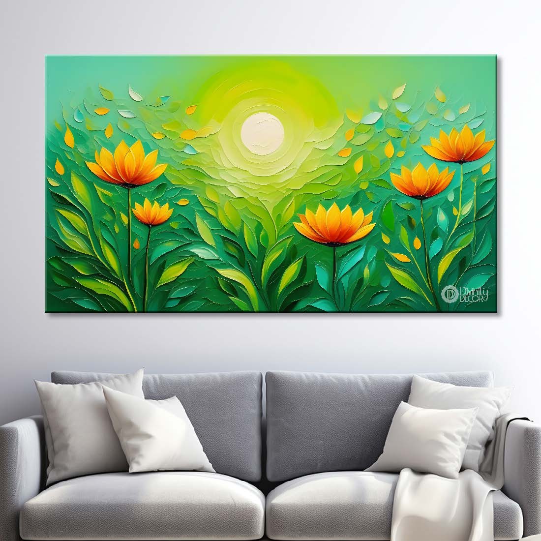 Yellow flowers with sunset and green background canvas painting- Flower-374