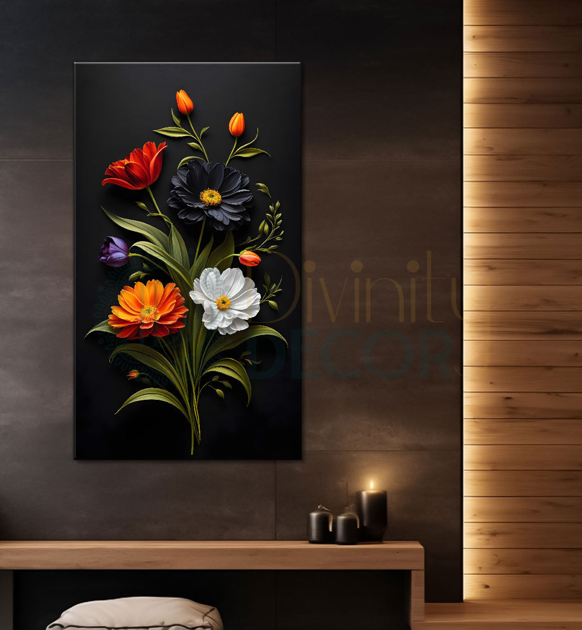 Colourful lowers in dark textured background painting- Flower-V-374